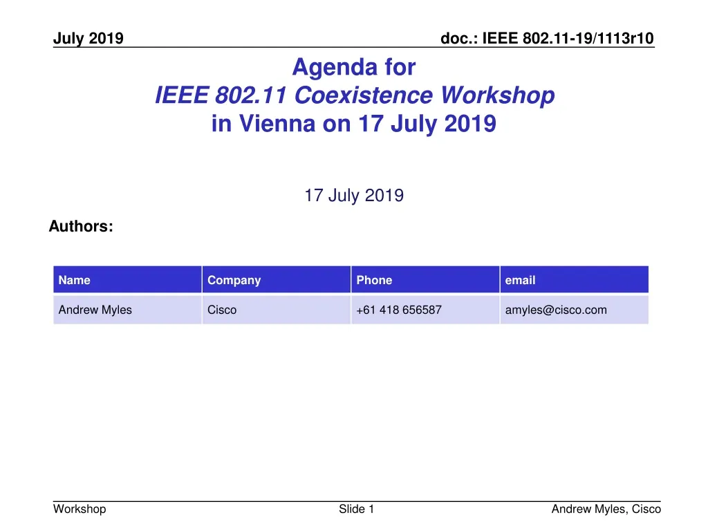 agenda for ieee 802 11 coexistence workshop in vienna on 17 july 2019