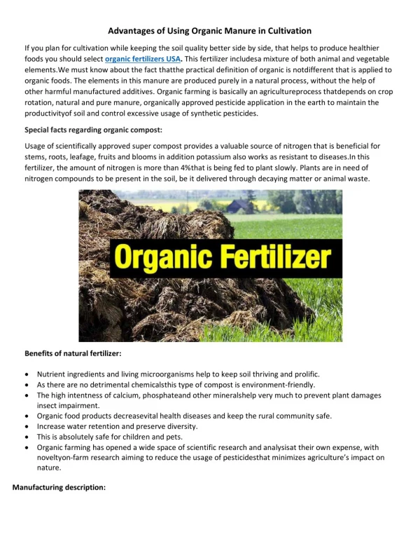 Advantages of Using Organic Manure in Cultivation