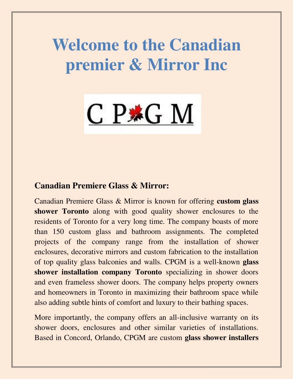 welcome to the canadian premier mirror inc