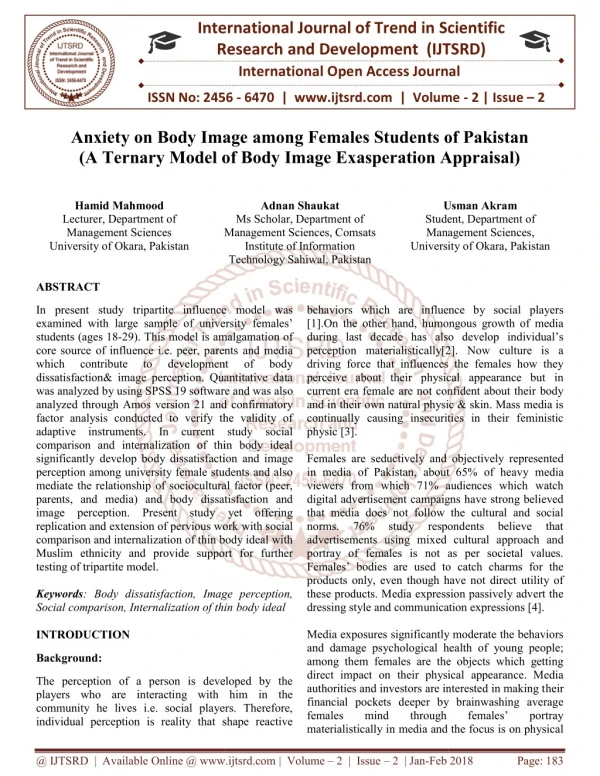 Anxiety on Body Image among Females Students of Pakistan A Ternary Model of Body Image Exasperation Appraisal