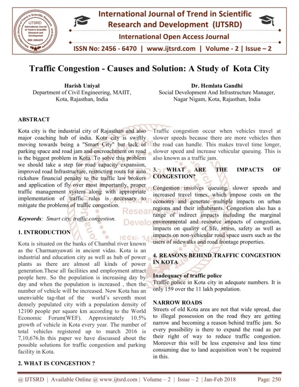 Traffic Congestion Causes and Solution A Study of Kota City