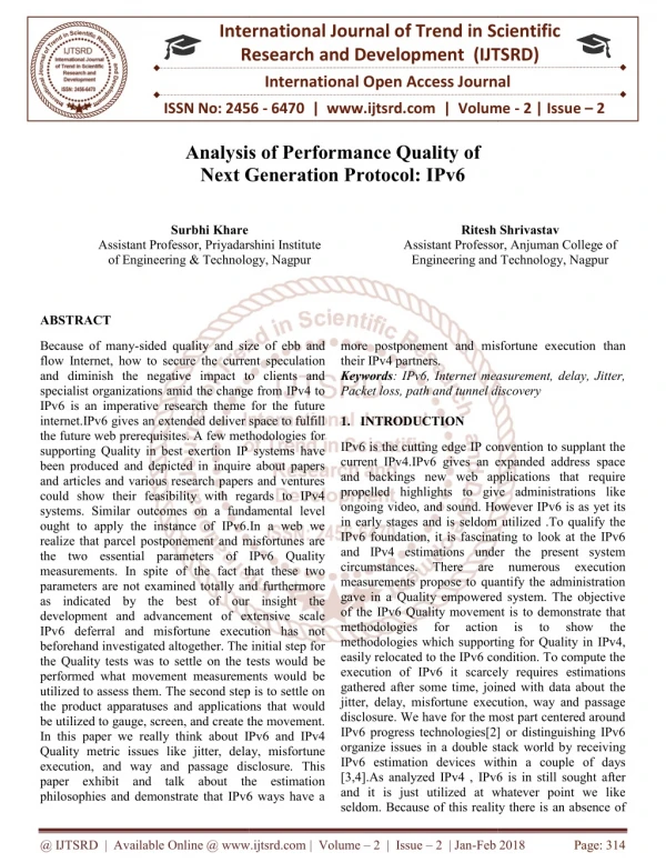 Analysis of Performance Quality of Next Generation Protocol IPv6