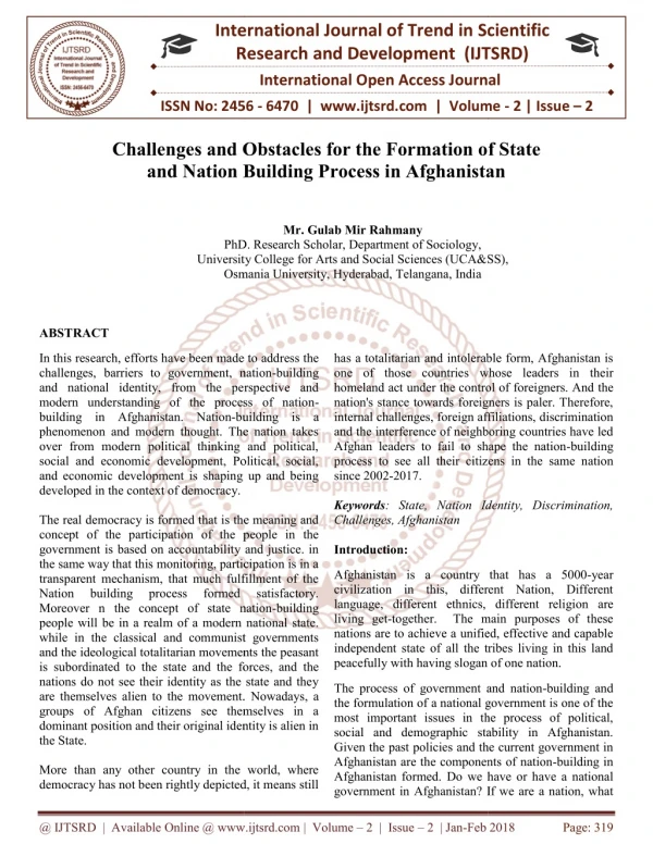 Challenges and Obstacles for the Formation of State and Nation Building Process in Afghanistan