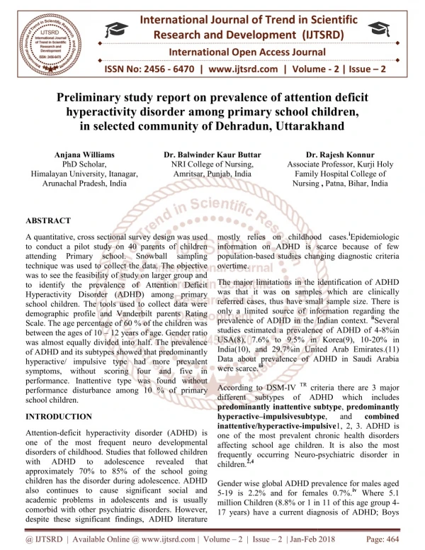 Preliminary study report on prevalence of attention deficit hyperactivity disorder among primary school children, in sel