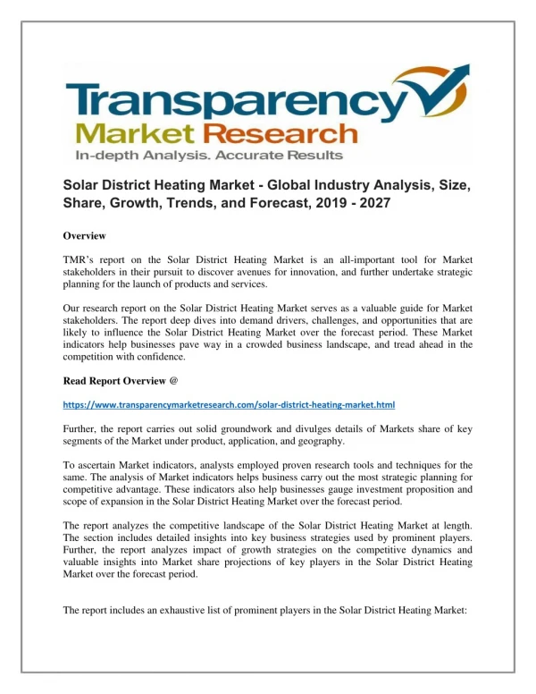 Solar District Heating Market - Global Industry Analysis, Size, Share, Growth, Trends, and Forecast, 2019 - 2027