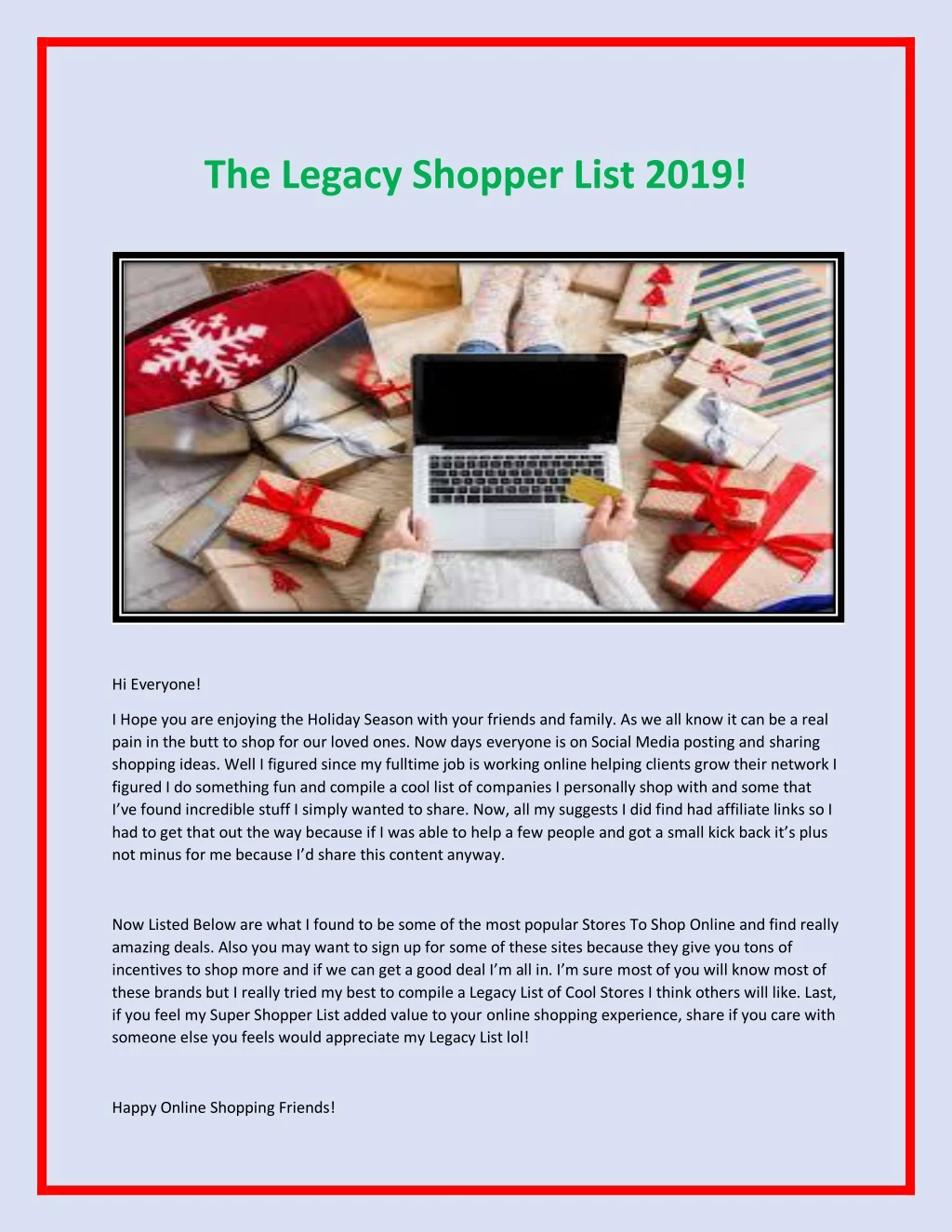 the legacy shopper list 2019