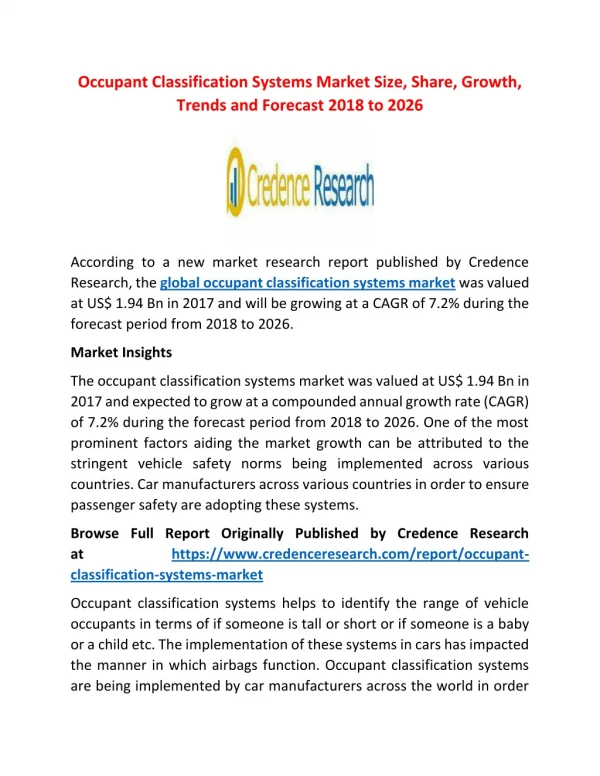 Occupant Classification Systems Market (7.2% CAGR) 2018 to 2026: Global Industry Size, Share, Growth, Trends and Forecas