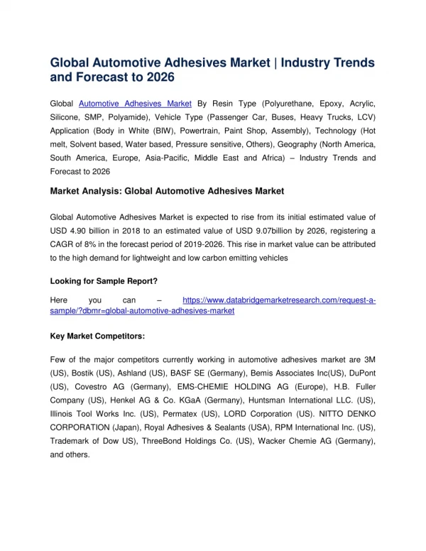 Global Automotive Adhesives Market Forecast to 2026