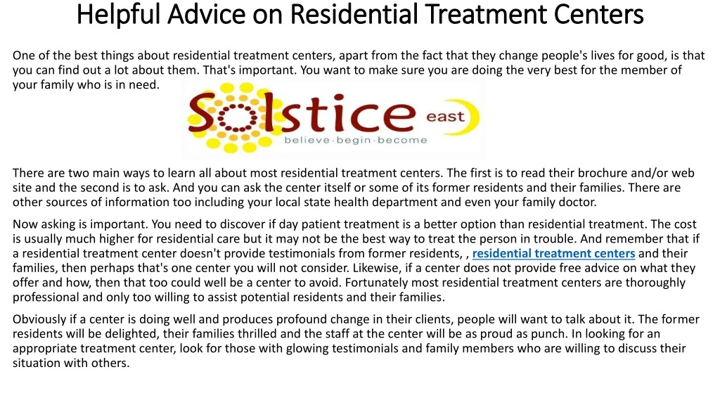 helpful advice on residential treatment centers