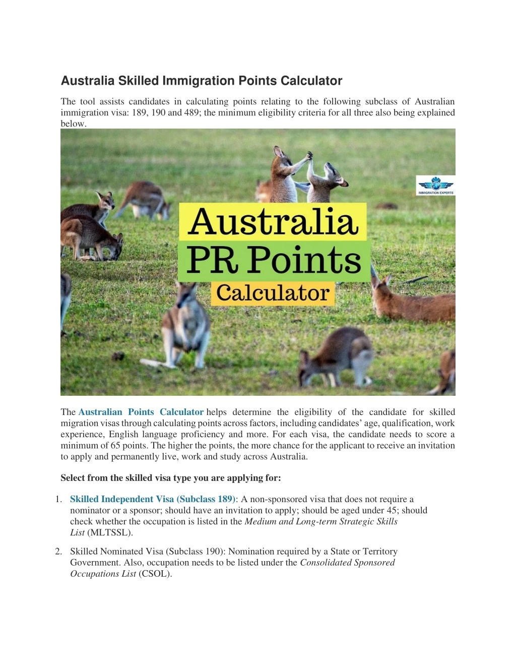 australia skilled immigration points calculator