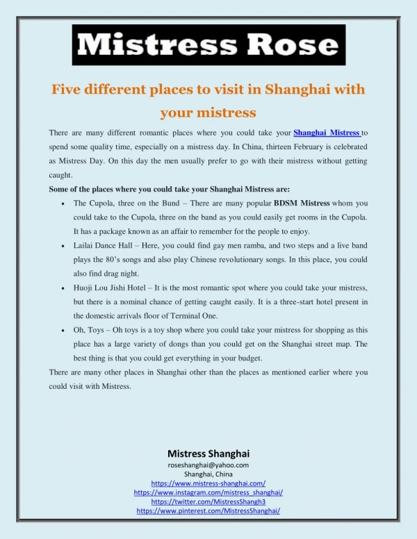 Five different places to visit in Shanghai with your mistress