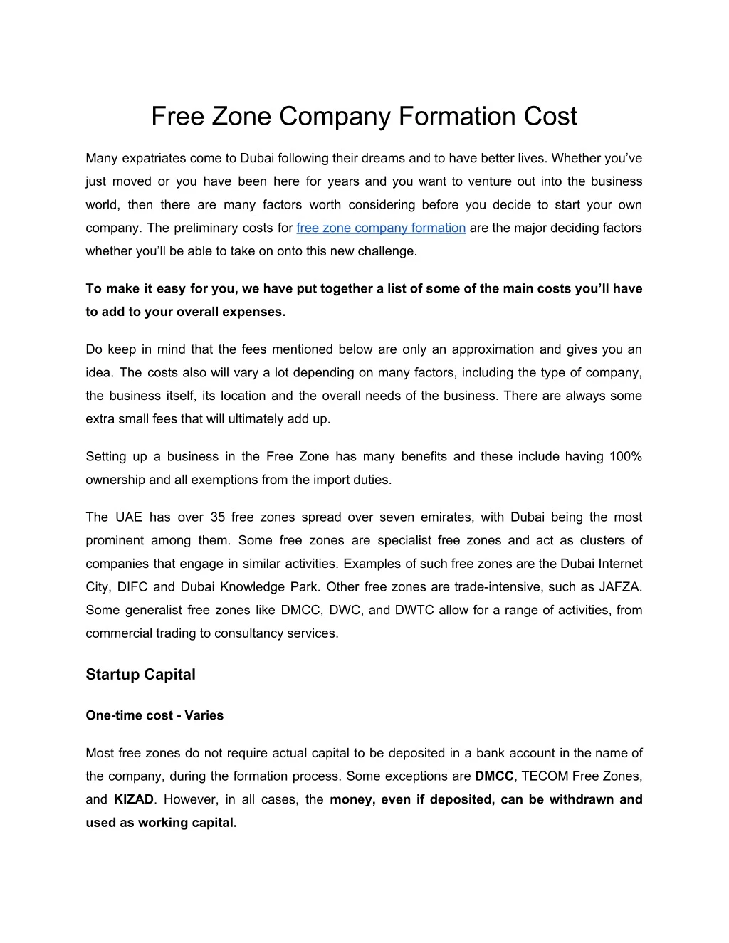free zone company formation cost