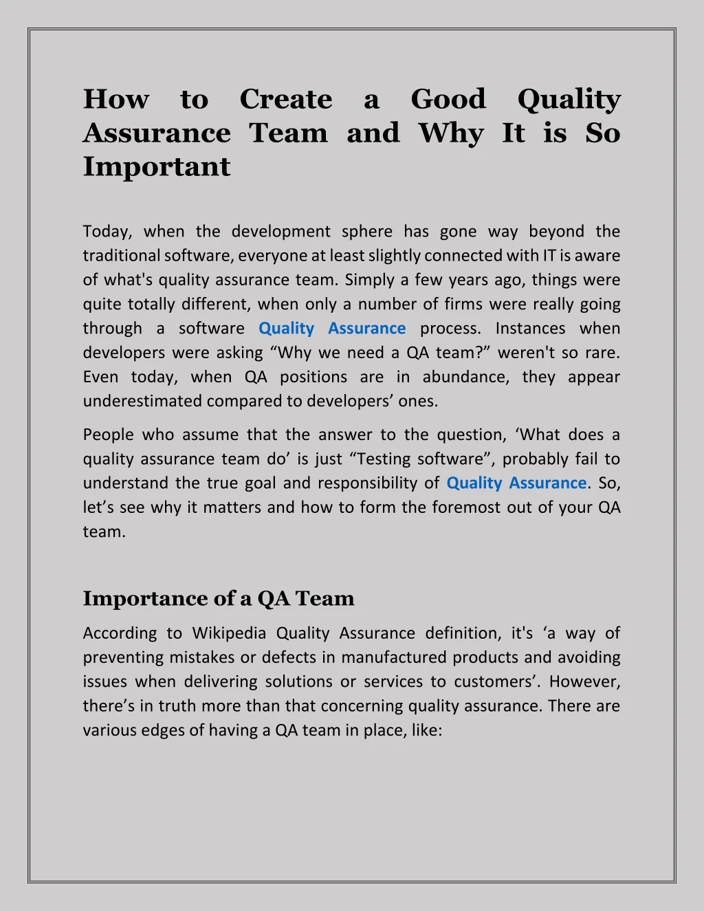 how to create a good quality assurance team