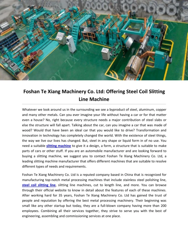 Foshan Te Xiang Machinery Co. Ltd: Offering Steel Coil Slitting Line Machine