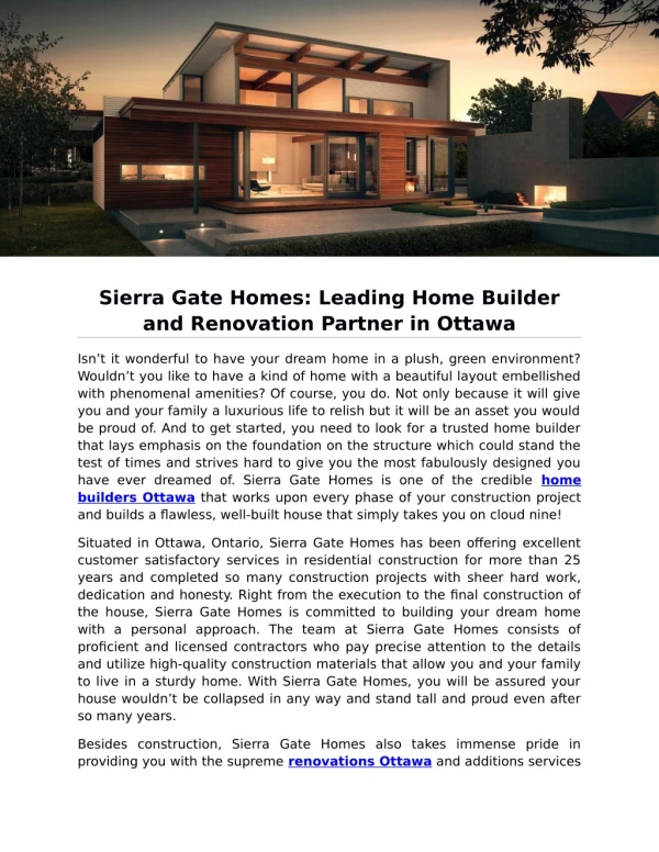 Sierra Gate Homes: Leading Home Builder and Renovation Partner in Ottawa