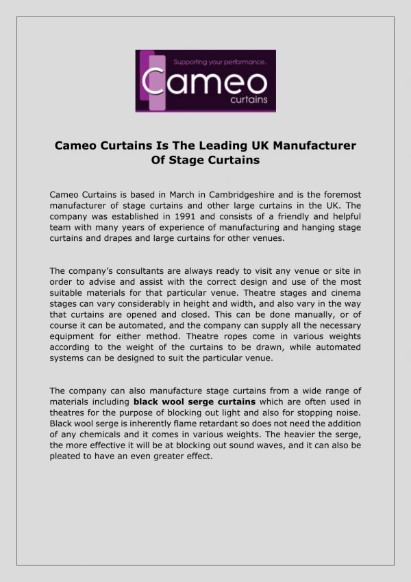 Cameo Curtains Is The Leading UK Manufacturer Of Stage Curtains