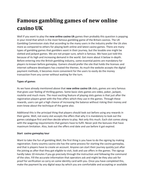 Famous gambling games of new online casino UK