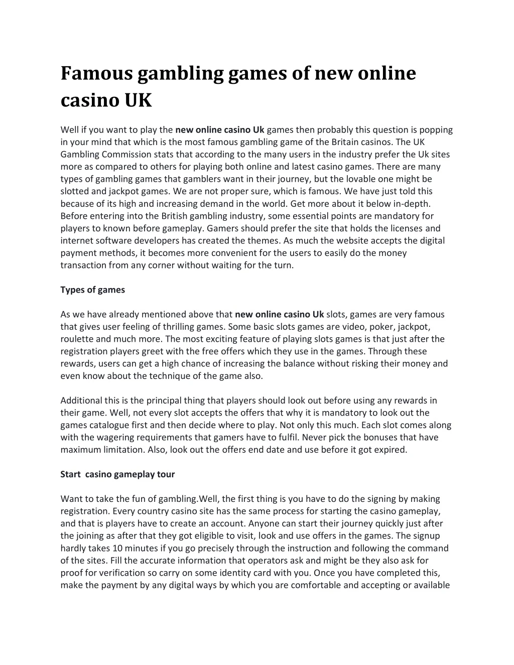 famous gambling games of new online casino uk