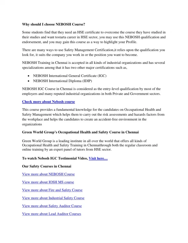 why should i choose nebosh course