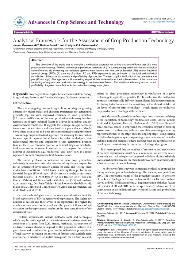 Analytical Framework for the Assessment of Crop Production Technology