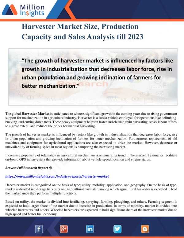 Harvester Market Size, Production Capacity and Sales Analysis till 2023