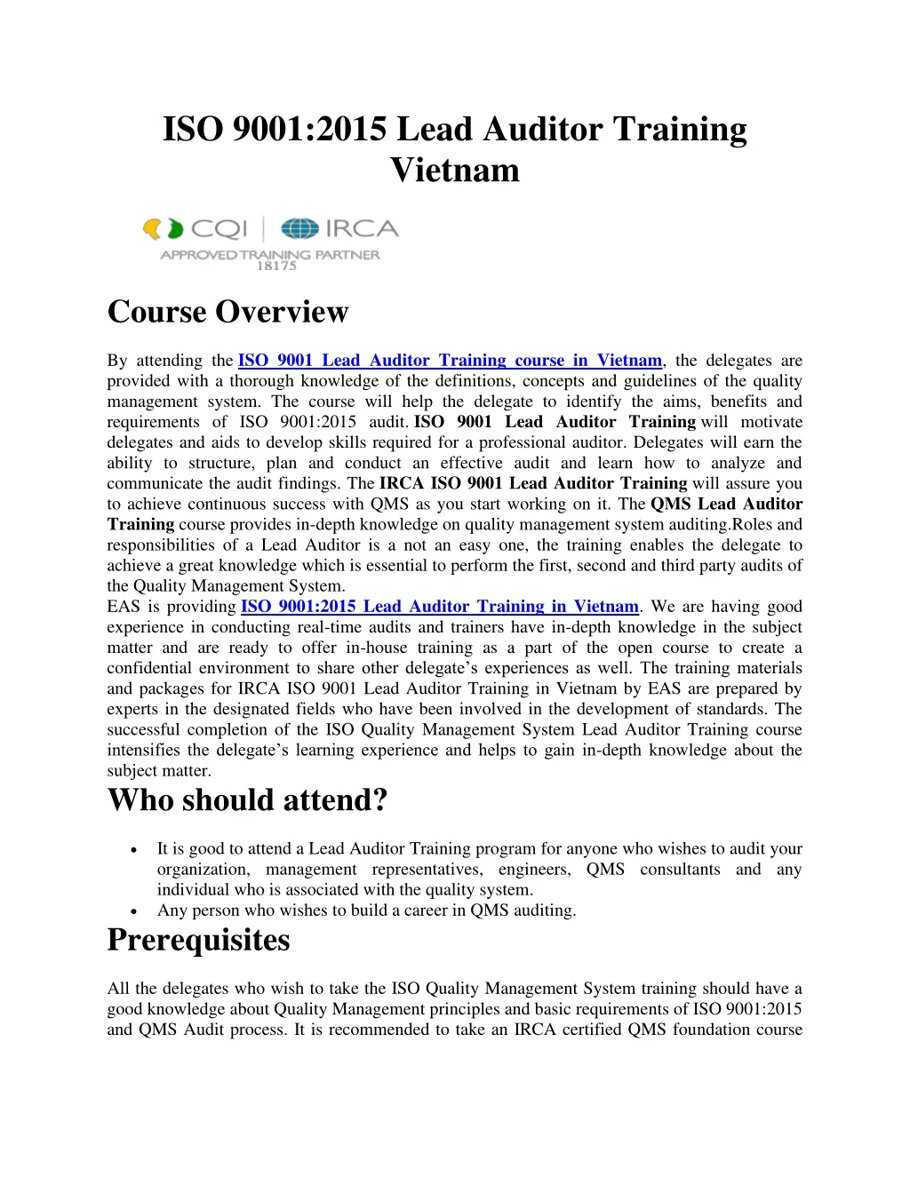 iso 9001 2015 lead auditor training vietnam