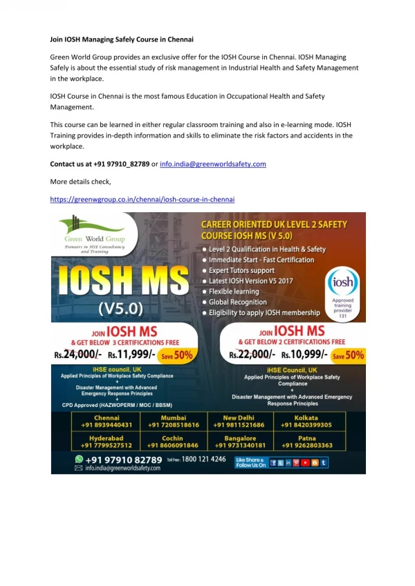 join iosh managing safely course in chennai