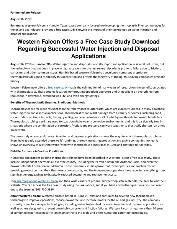 Western Falcon Offers a Free Case Study Download Regarding Successful Water Injection and Disposal Applications
