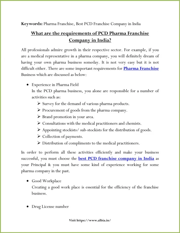 What are the requirements of PCD Pharma Franchise Company in India?