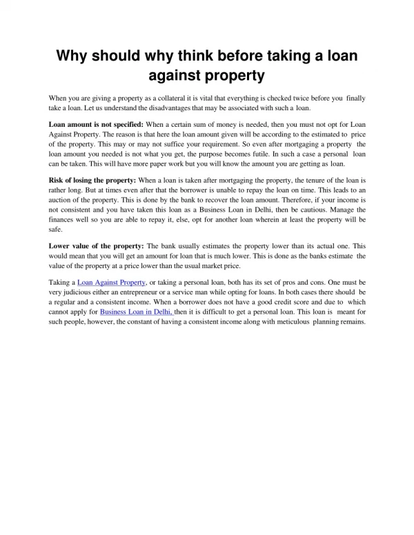 why should why think before taking a loan against property