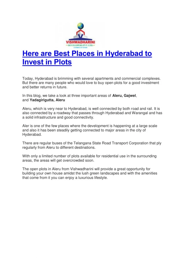 Here are Best Places in Hyderabad to Invest in Plots