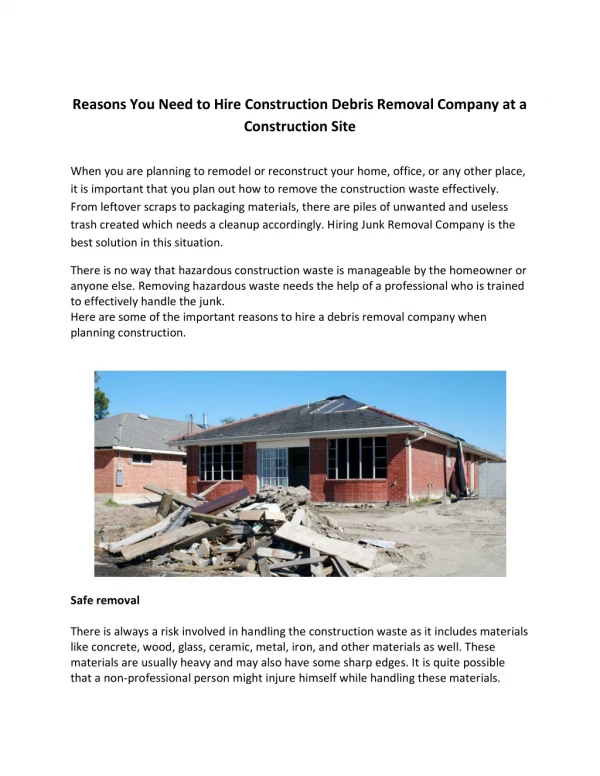 Reasons You Need to Hire Construction Debris Removal Company at a Construction Site