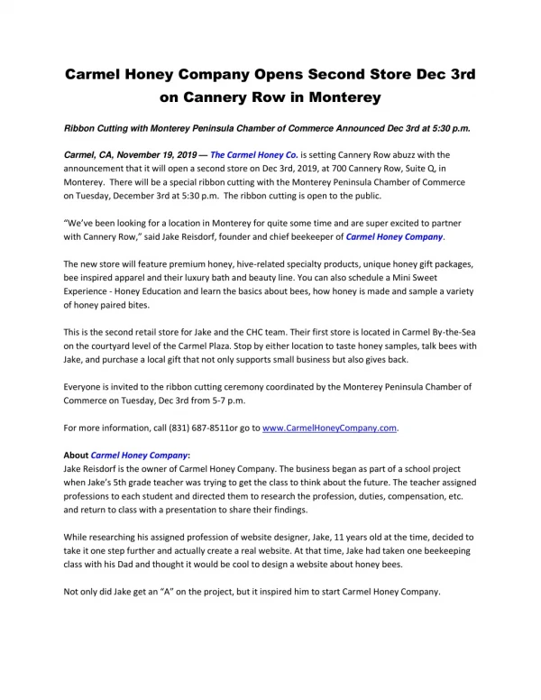 carmel honey company opens second store
