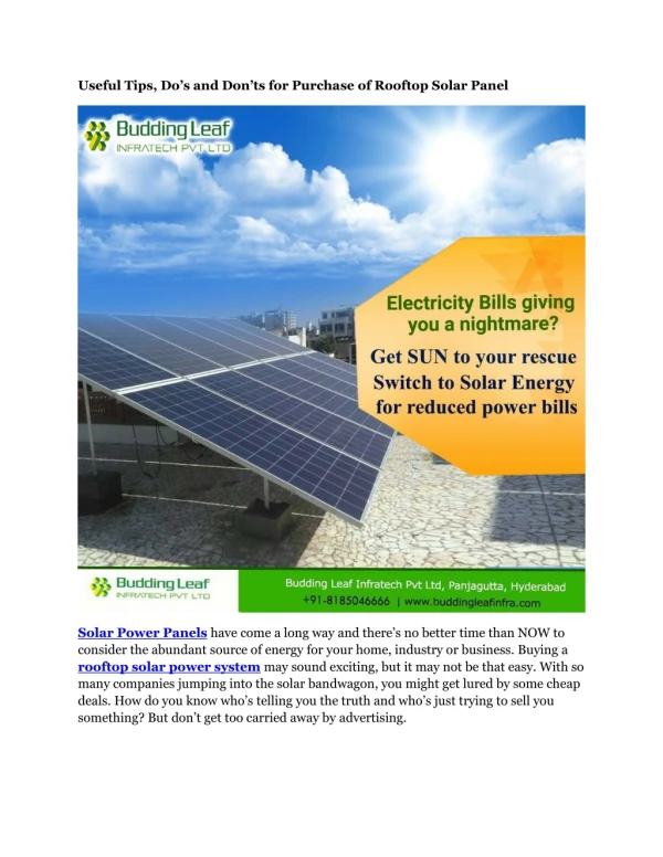 Useful Tips, Do’s and Don’ts for Purchase of Rooftop Solar Panel