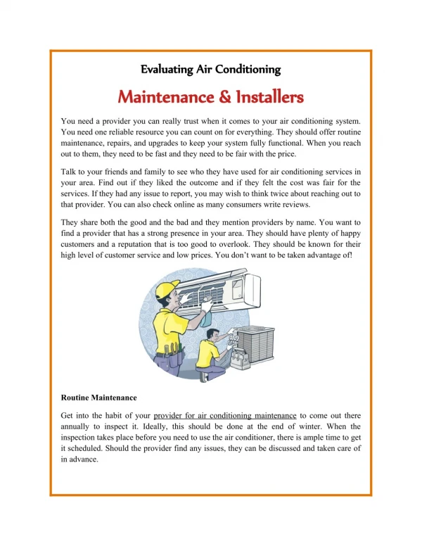 Evaluating Air Conditioning Maintenance & Installers