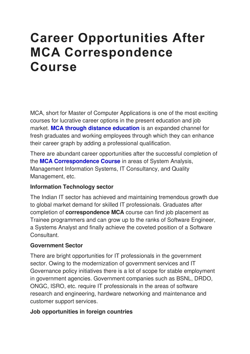 career opportunities after mca correspondence