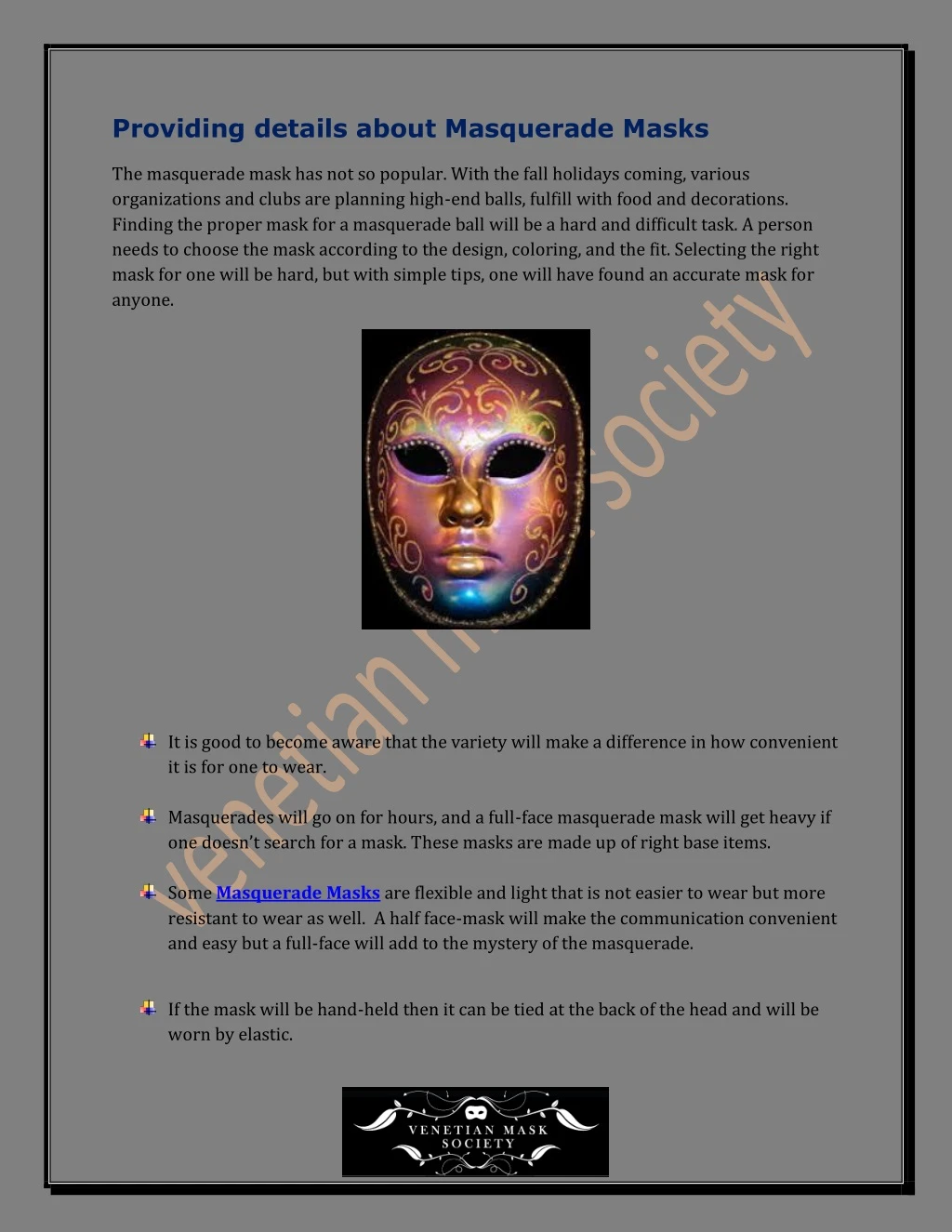providing details about masquerade masks