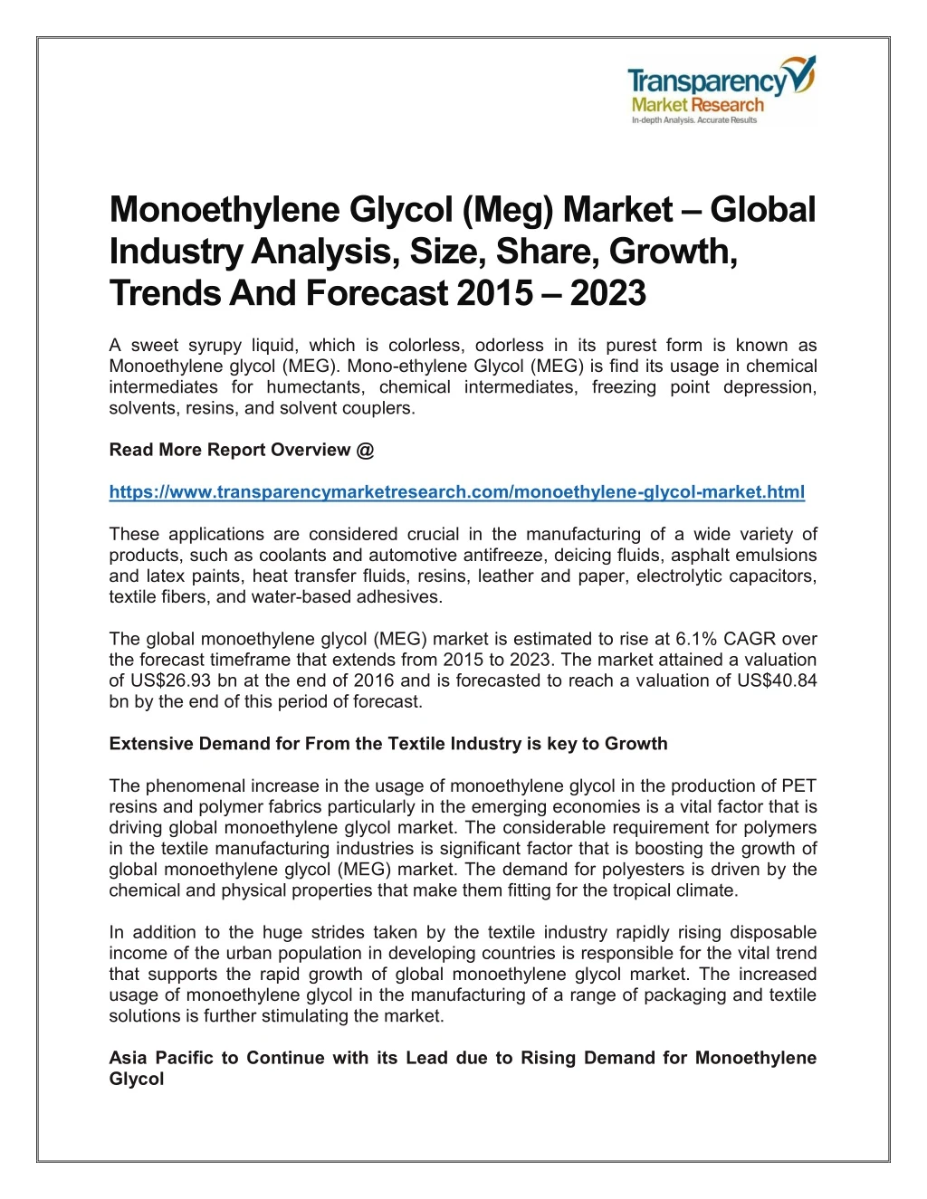 monoethylene glycol meg market global industry