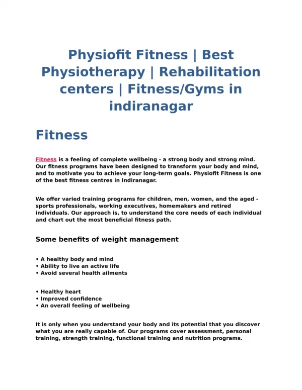 Physiofit Fitness | Best Physiotherapy centers in indiranagar | Best Rehabilitation centers | Fitness/Gyms in Indiranaga