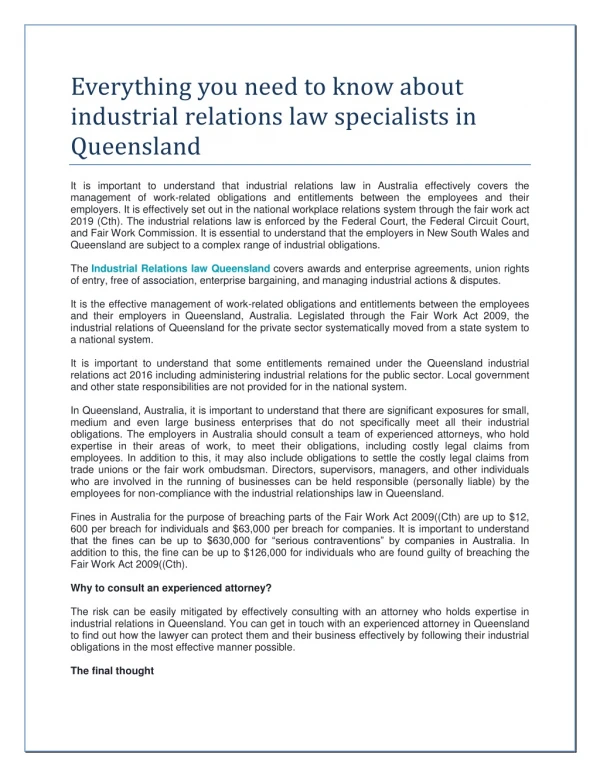 Everything you need to know about industrial relations law specialists in Queensland
