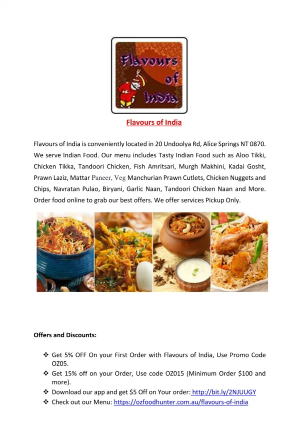 5% Off - Flavours of India - Indian restaurant Menu in Alice Springs NA