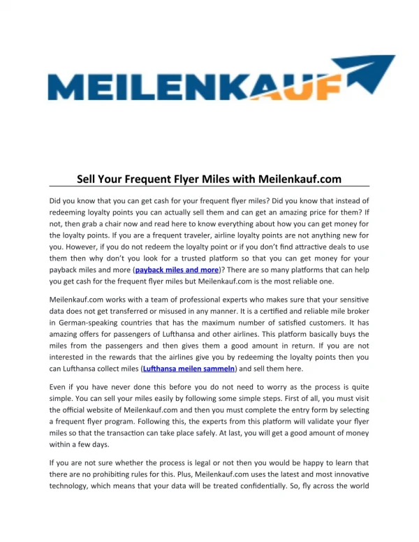 Sell Your Frequent Flyer Miles with Meilenkauf.com