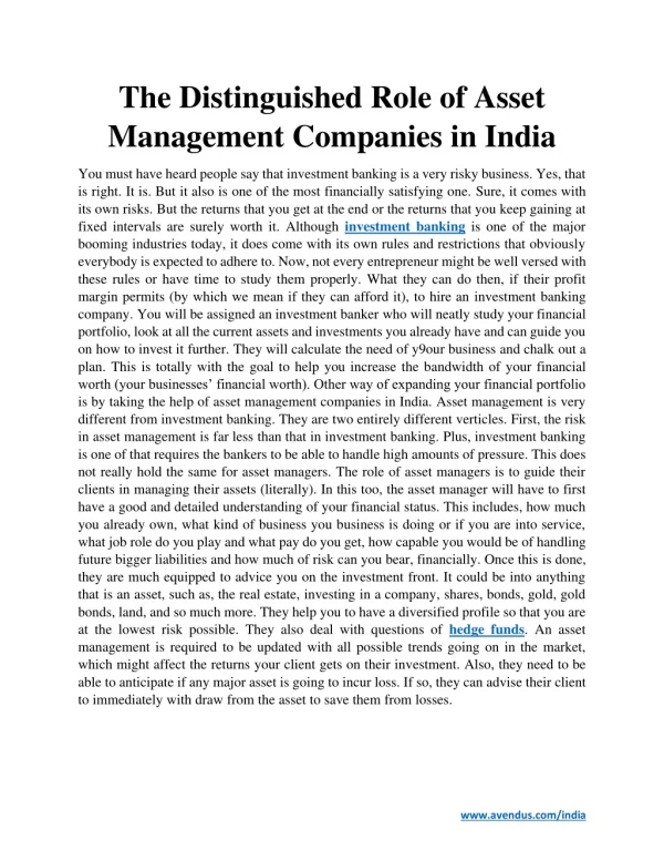 The Distinguished Role of Asset Management Companies in India