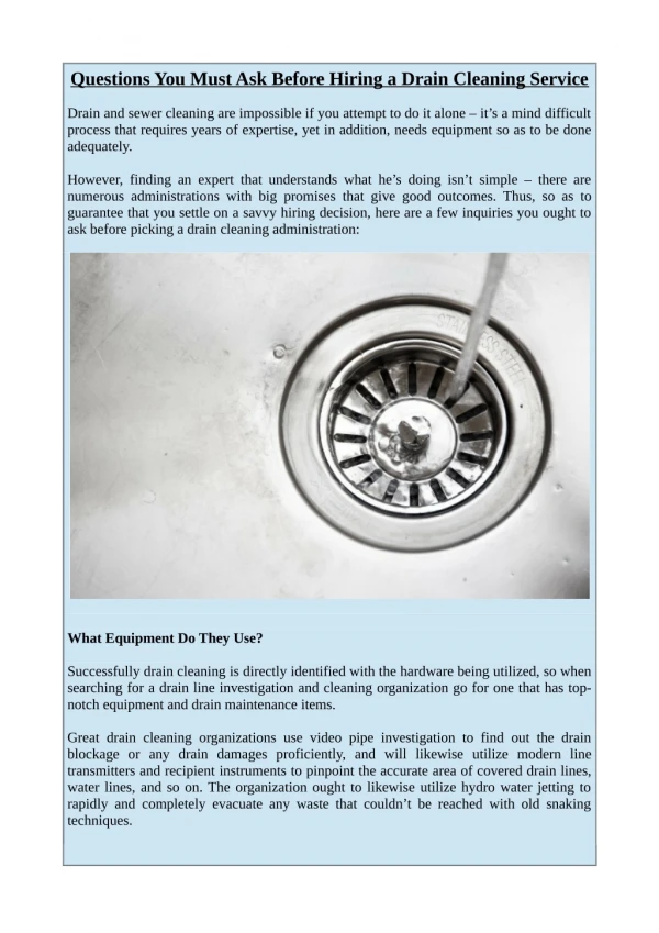 Questions You Must Ask Before Hiring a Drain Cleaning Service