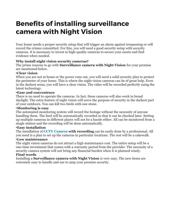 Benefits of installing surveillance camera with Night Vision