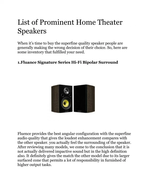 List of Prominent Home Theater Speakers