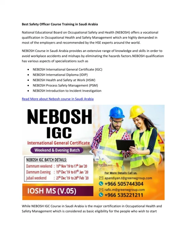 Best Safety Officer Course Training in Saudi Arabia