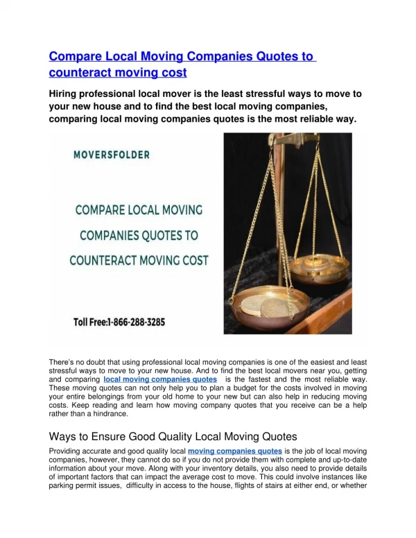 Compare Local Moving Companies Quotes to counteract moving cost