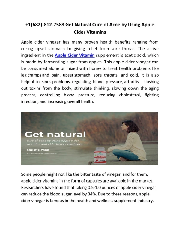 1(682)-812-7588 Get Natural Cure of Acne by Using Apple Cider Vitamins