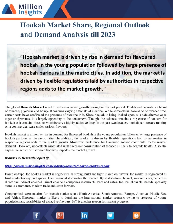 Hookah Market Share, Regional Outlook and Demand Analysis till 2023